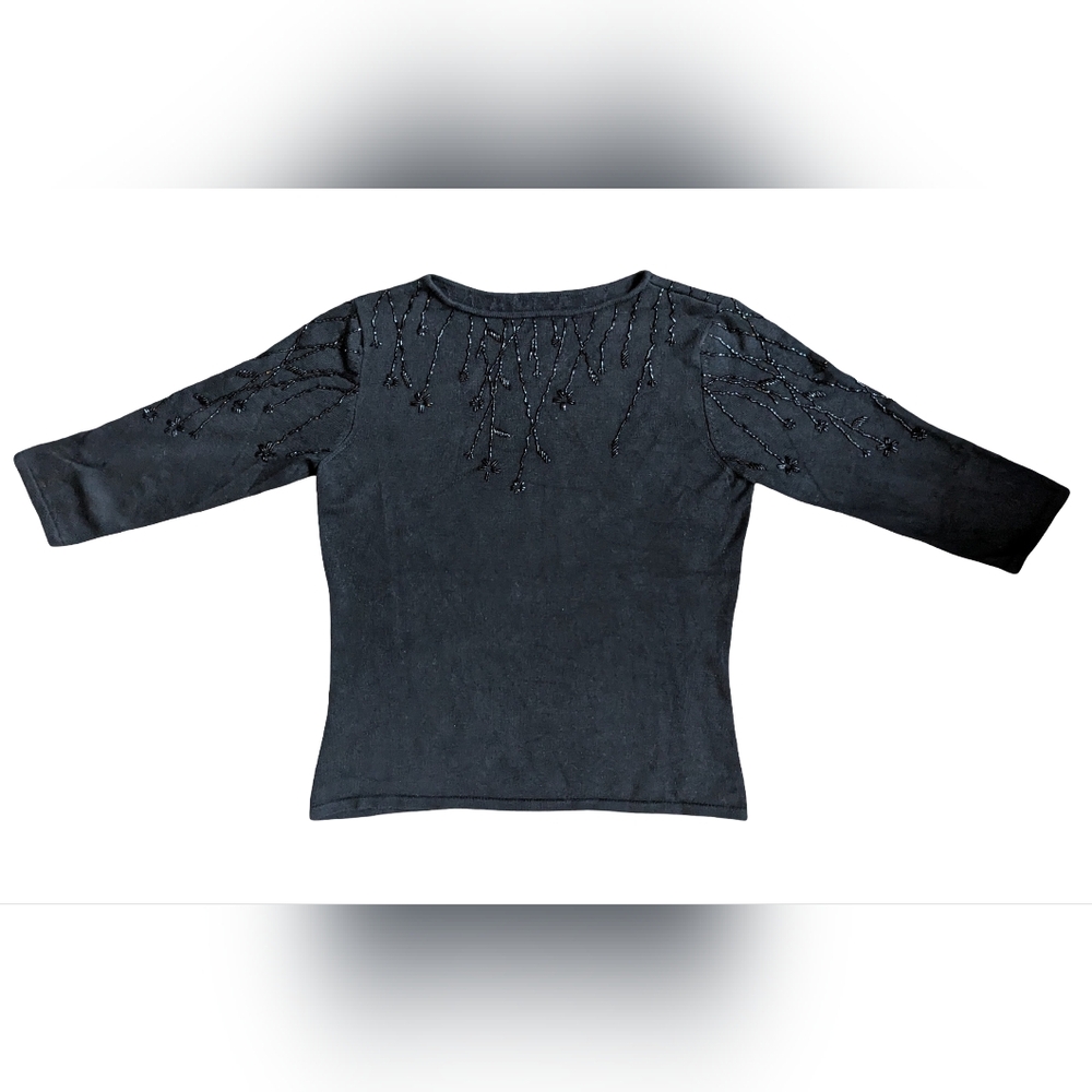 Talbot's (Untagged) Silk Beaded Sweater Black 3/4 Sleeve Holiday Elegance S